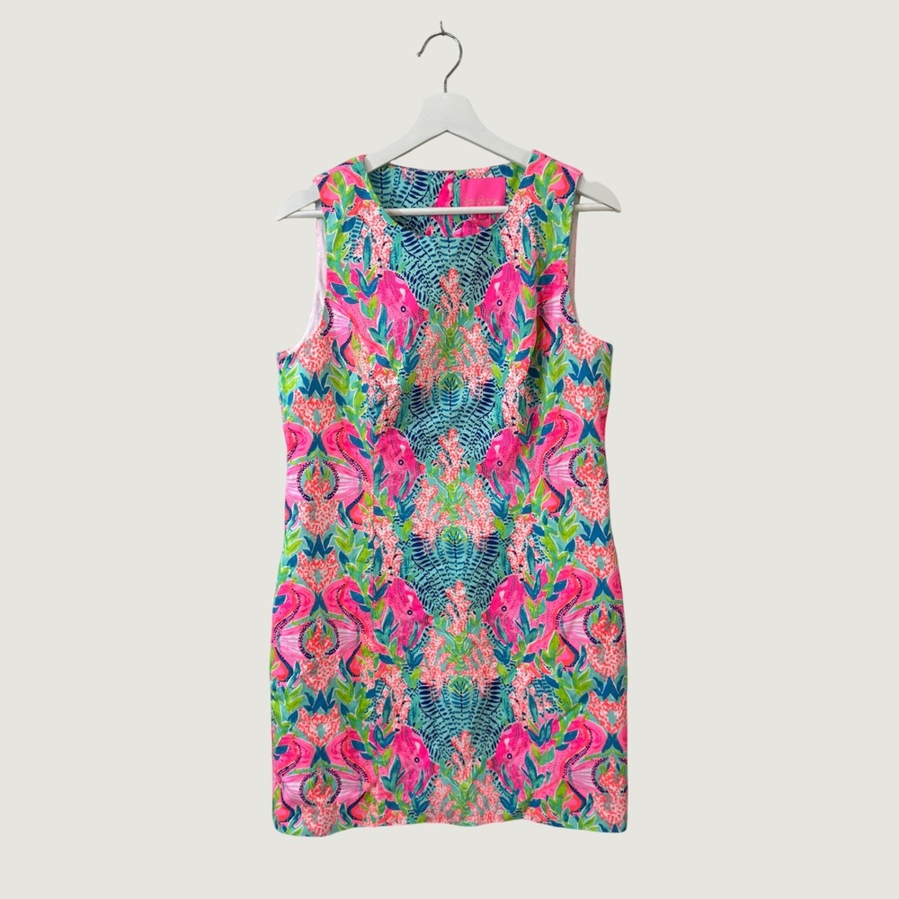Lilly Pulitzer Seahorse Tropical Print Shift Dress Pink 12 Coastal Preppy Resort